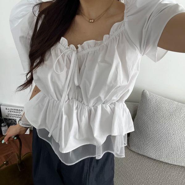 ALORA 抓皺感拼接網紗上衣 