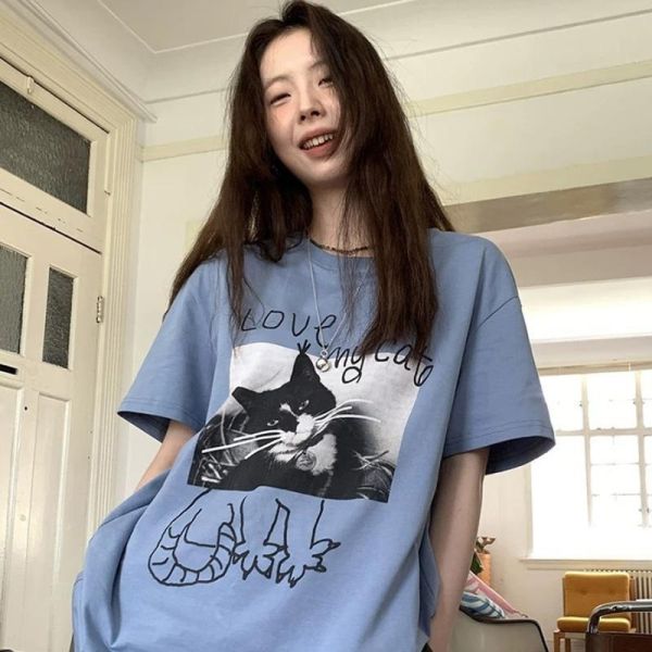 ALORA 隨興黑貓咪印花短T 