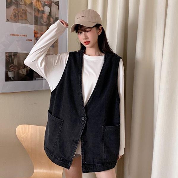 ALORA 雅痞趕兩顆扣牛仔背心 