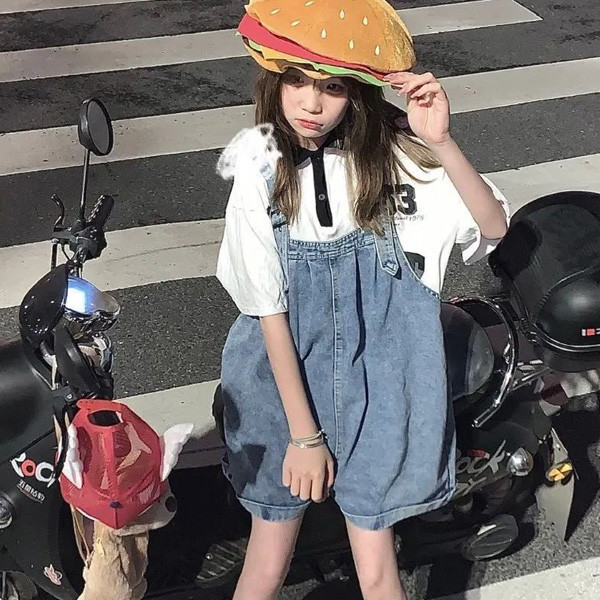 ALORA 可愛女孩寬鬆牛仔吊帶褲 