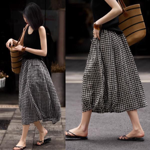 ALORA 法式格子燈籠A字花苞裙 