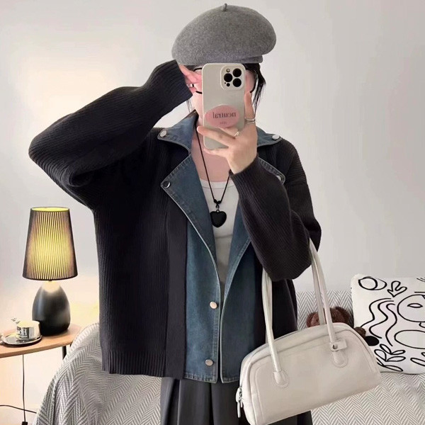 ALORA 雙層翻領丹寧拼接針織外套 