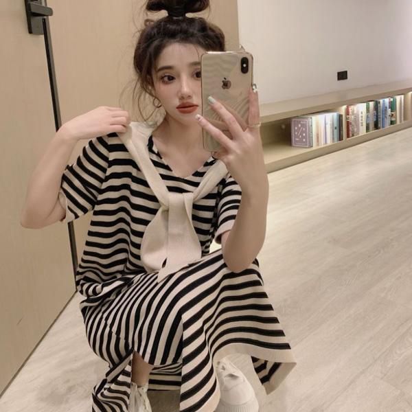 ALORA 假兩件披肩橫條紋針織洋裝 