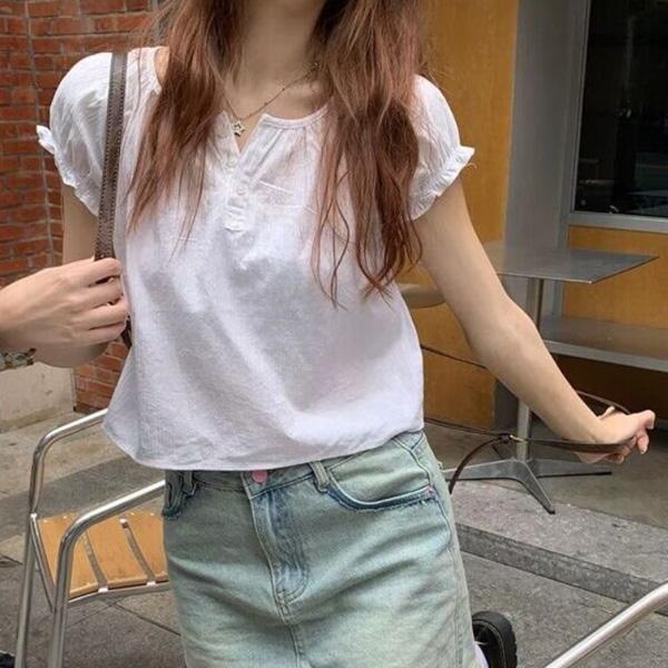 ALORA 潔白排釦泡泡袖短T 