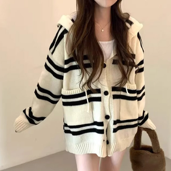 ALORA 小眾條紋連帽針織外套 