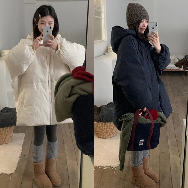 ALORA 可愛連帽中長款羽絨棉外套 