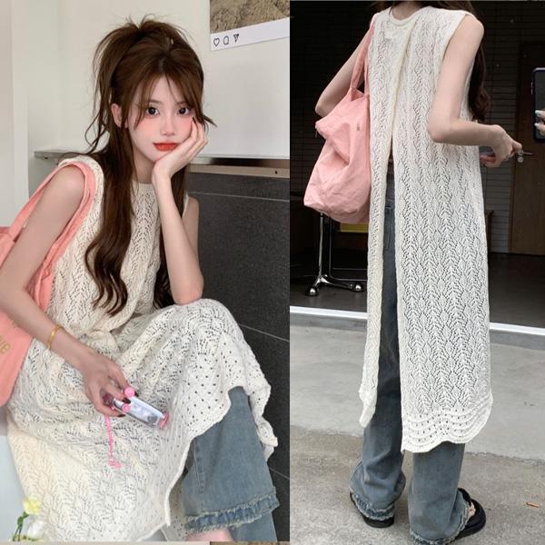 ALORA 後開岔簍空針織疊穿罩衫洋裝 