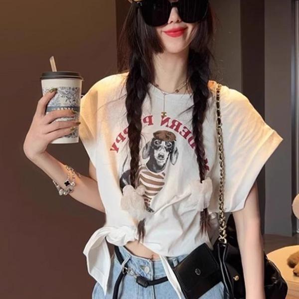 ALORA 街頭感狗狗印花綁帶短T 