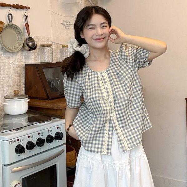 ALORA 小方格滾邊蕾絲襯衫 