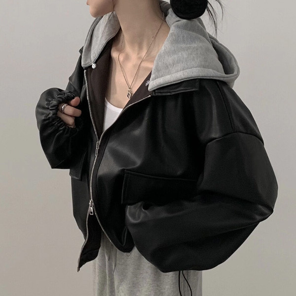 ALORA 大口袋拼接連帽皮外套(帽可拆) 