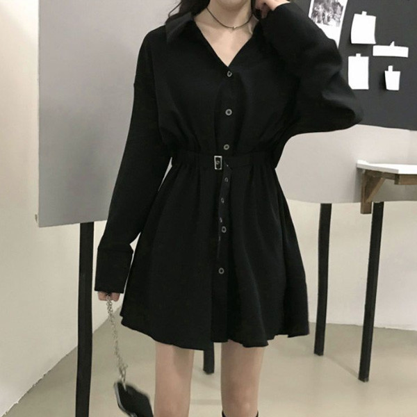 ALORA 黑系腰部釦帶襯衫洋裝 