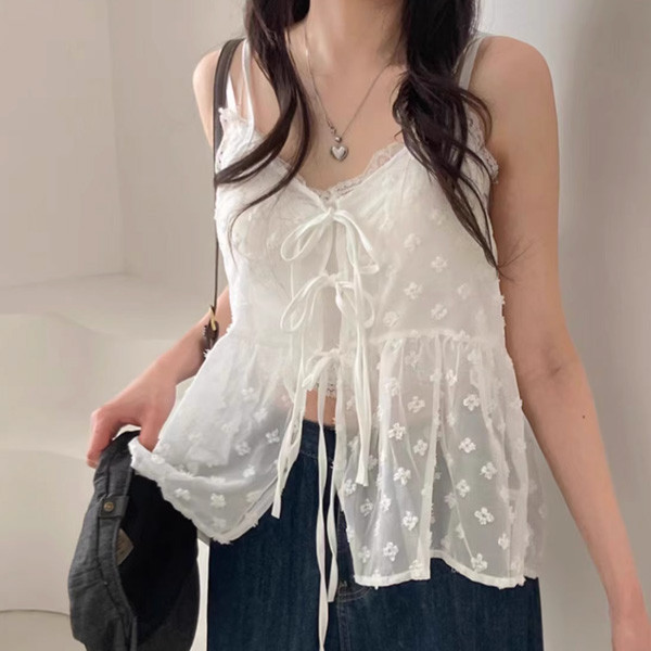 ALORA 刺繡小花綁帶吊帶上衣 