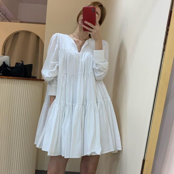 ALORA 小V領蛋糕長袖洋裝 