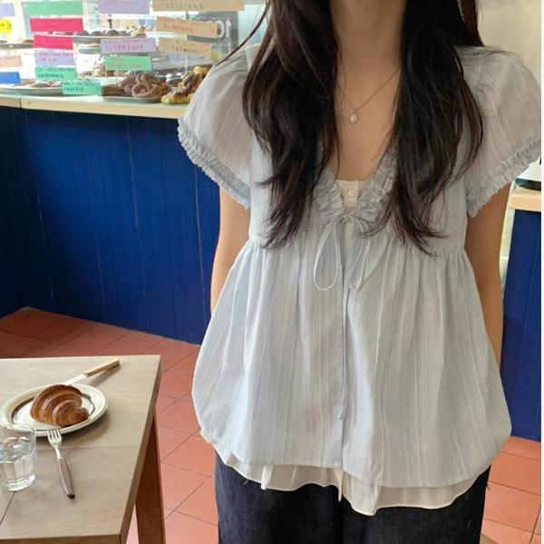 ALORA 假兩件木耳滾邊V領上衣 