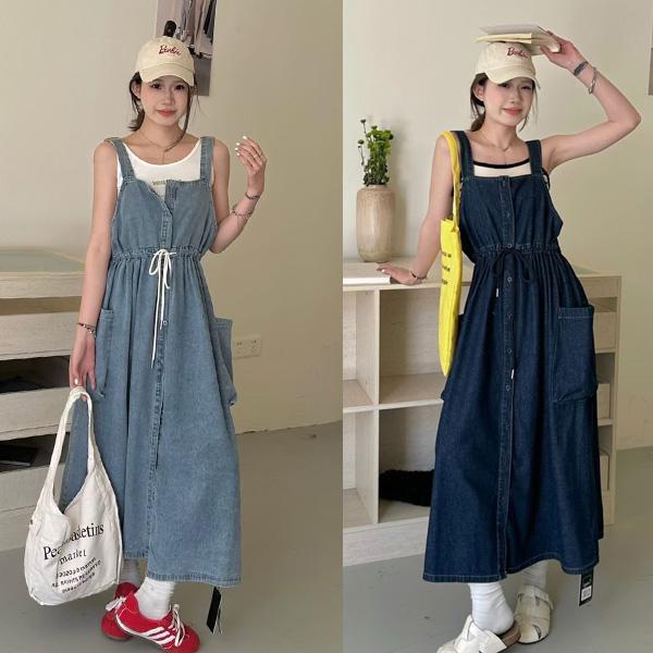 ALORA 甜酷抽繩牛仔吊帶洋裝 