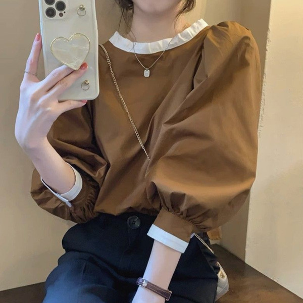 ALORA 滾邊撞色後綁帶泡泡袖上衣 