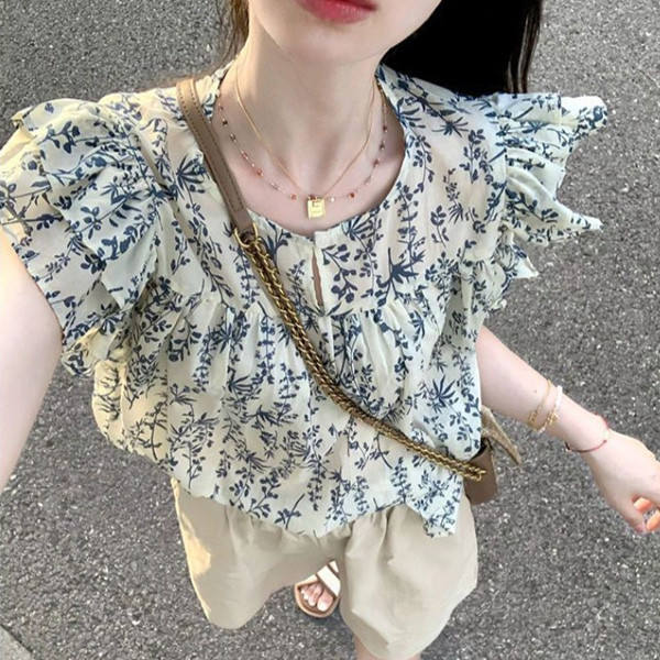 ALORA 藍色碎花飛袖上衣 
