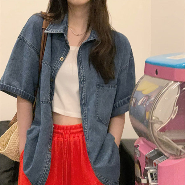 ALORA 隨意擺搭壓線短袖牛仔襯衫 