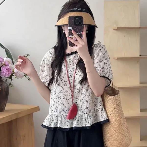 ALORA 小碎花撞色滾邊襯衫 