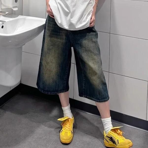 ALORA 洗舊藍綠刷色感五分褲 