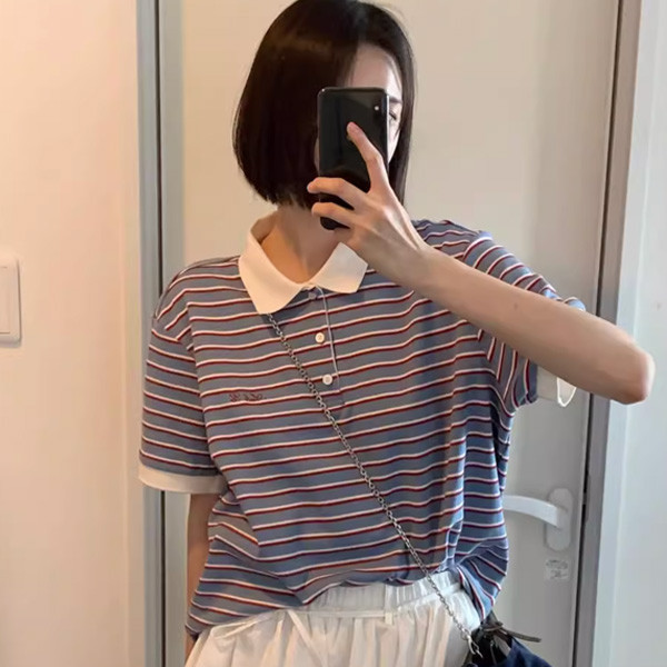 ALORA 韓國姐姐撞色條紋POLO衫 