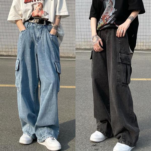 ALORA 街頭闊腿工裝牛仔長褲 