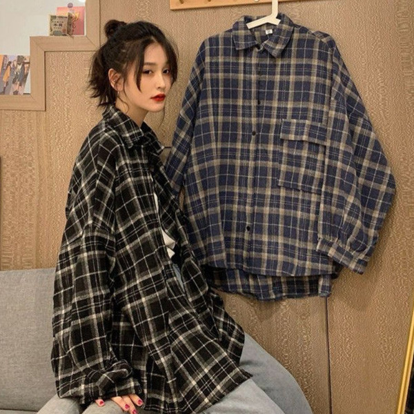 ALORA boy風格紋長袖襯衫 