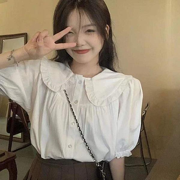ALORA 名媛感花瓣領短袖襯衫 