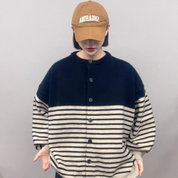 ALORA 條紋拼色針織開開襟外套 