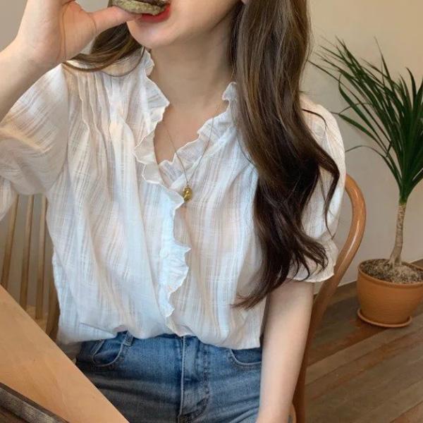 ALORA 春季荷葉滾邊短袖襯衫 