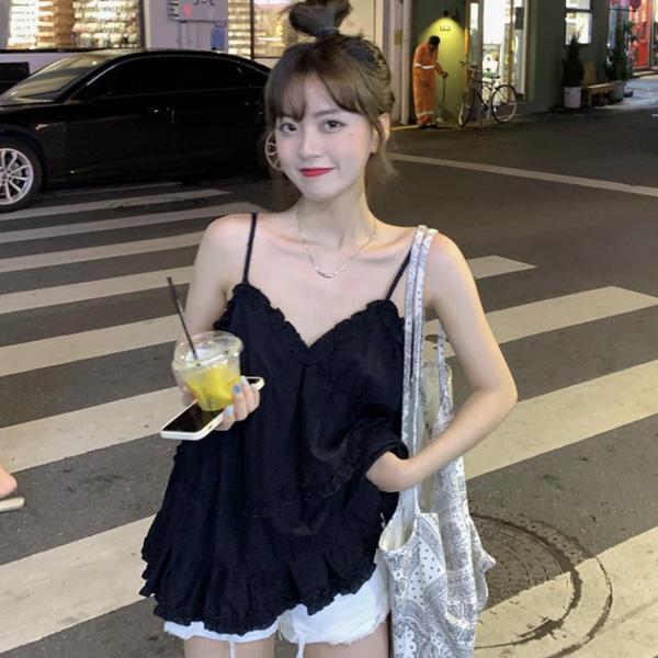 ALORA 荷葉花邊棉麻吊帶背心 