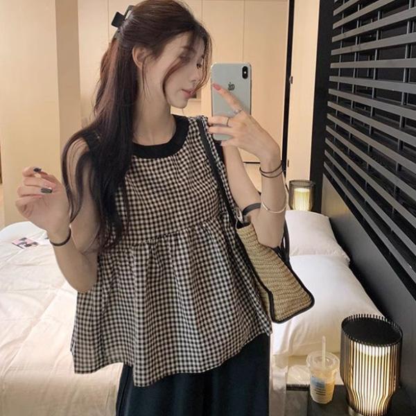ALORA 滾黑邊格子傘狀上衣 