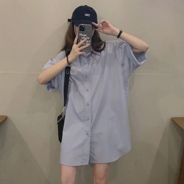 ALORA oversize純色短袖襯衫 