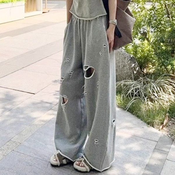 ALORA 割破洞洞棉質長褲 