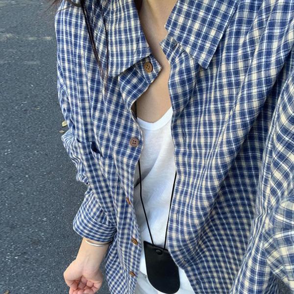 ALORA 藍白格子長袖襯衫 