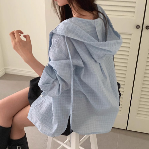 ALORA 偶像劇格紋連帽襯衫外套 