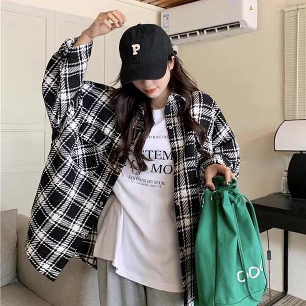 ALORA 韓系慵懶格紋襯衫外套 