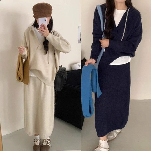 ALORA 無印風V領針織兩件式套裝 