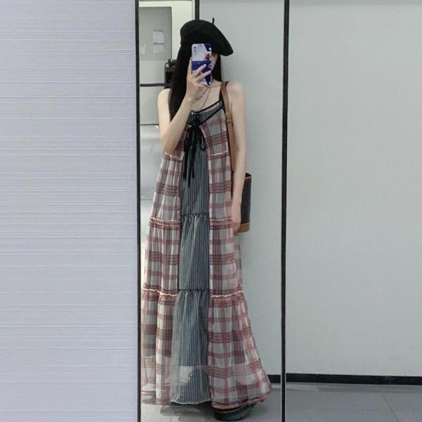 ALORA 透色紅格子罩衫洋裝外套 