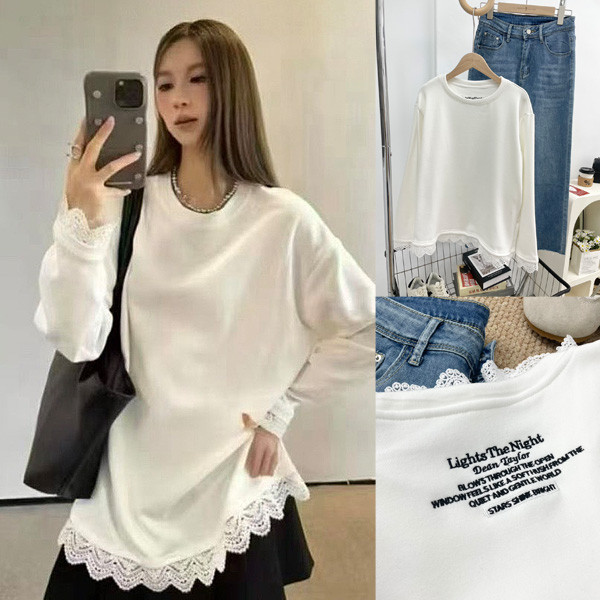 ALORA 圓領拼接蕾絲上衣 