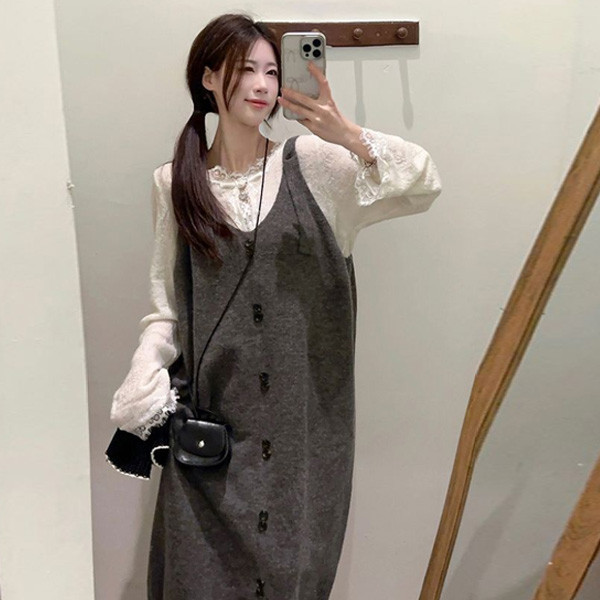 ALORA 雙釦針織洋裝兩件式套裝 