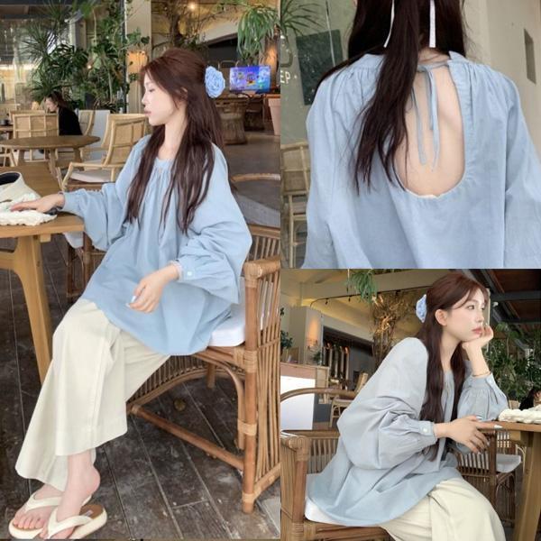 ALORA 奶藍背後簍空棉麻襯衫 