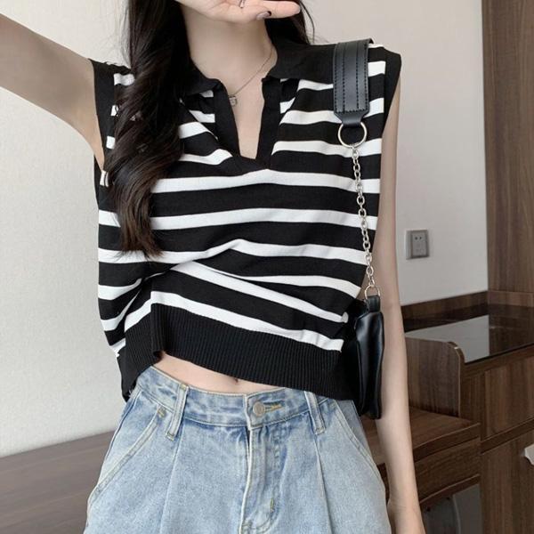 ALORA 橫條無袖POLO上衣 