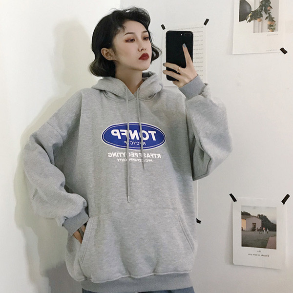 ALORA 藍色橢圓印花厚絨連帽衛衣 