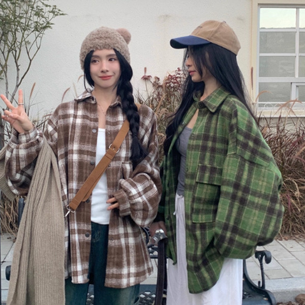 ALORA 泡泡袖格紋毛尼襯衫外套 