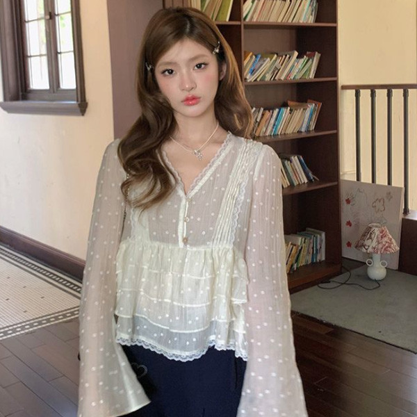 ALORA V領點點緹花蕾絲襯衫 