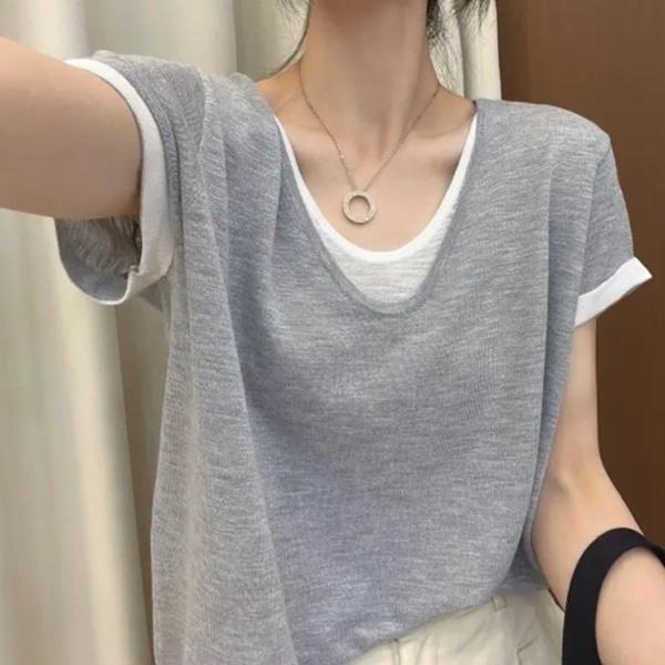 ALORA 假兩件雙層感短T 