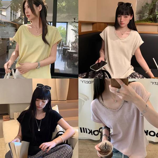 ALORA 高品質滾邊蕾絲V領短T 