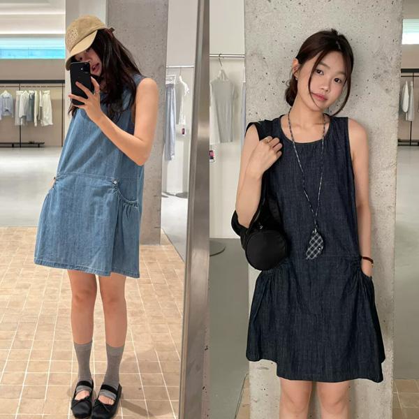 ALORA 插口袋無袖背心牛仔洋裝 