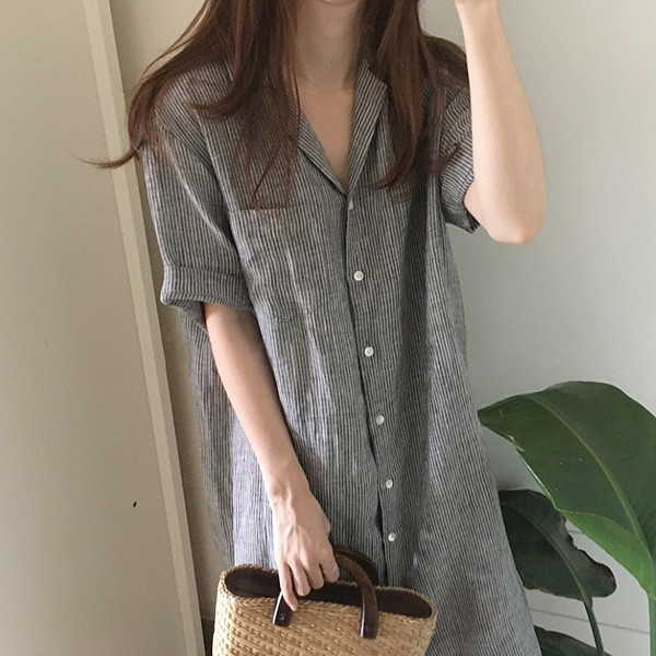 ALORA 雅痞直條紋襯衫洋裝 
